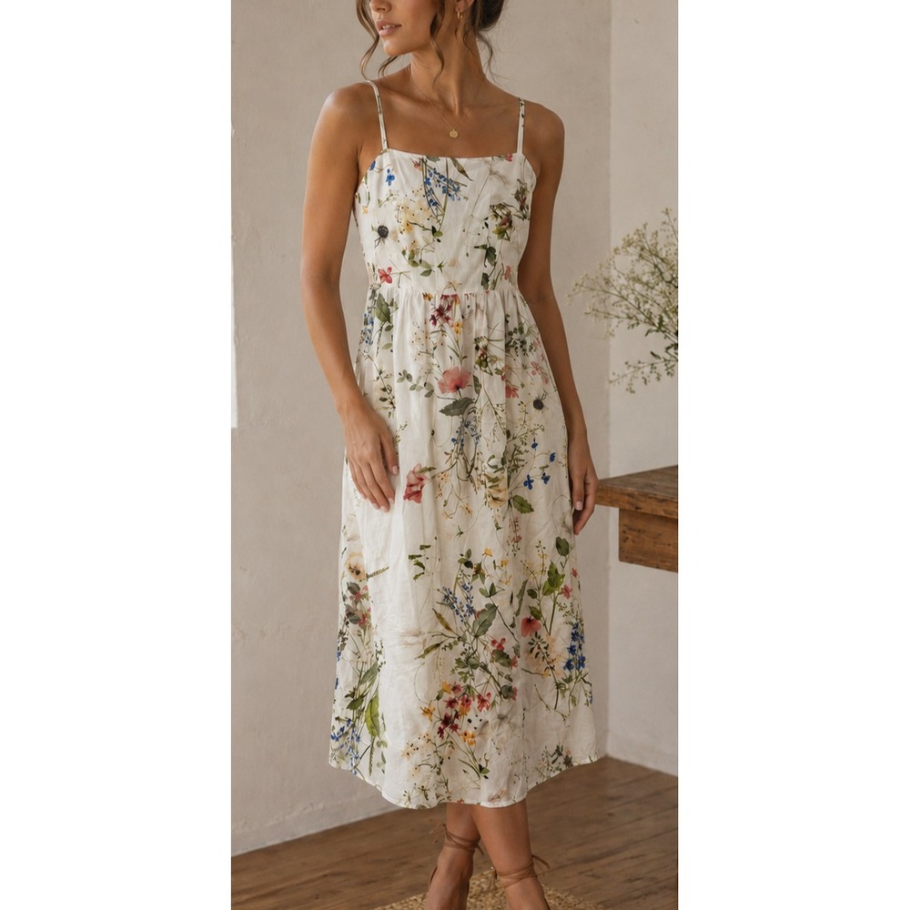 H&M LinenBlend Floral Midi Dress Medium White Wildflower Smocked Dainty Romantic - Picture 12 of 13